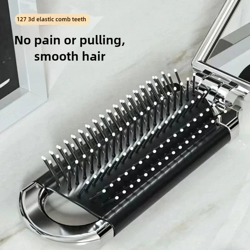 Foldable Hair Comb with Mirror - Portable Scalp Massage Brush, Anti-Static Travel Styling Tool for Girls
