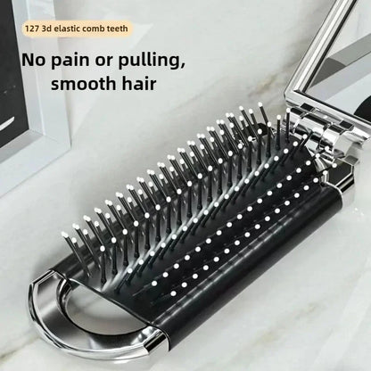 Foldable Hair Comb with Mirror - Portable Scalp Massage Brush, Anti-Static Travel Styling Tool for Girls