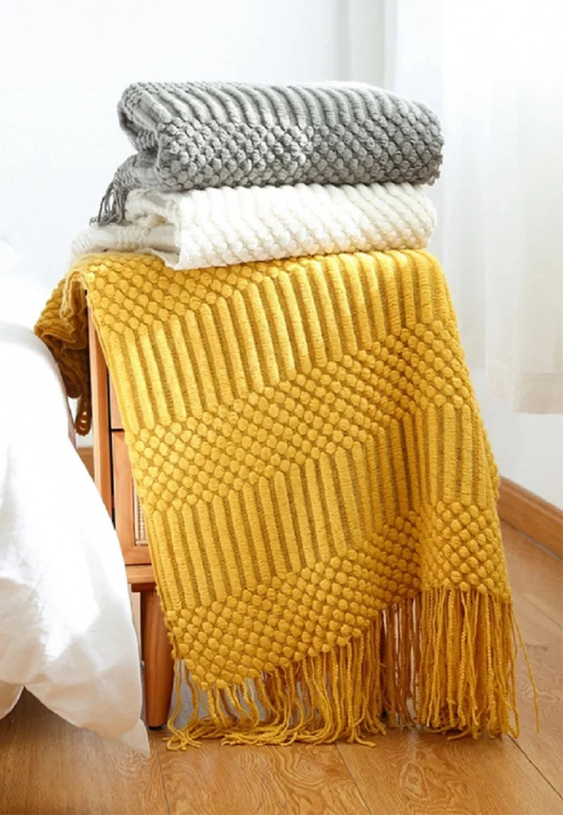 White Boho Throw Blanket – Textured Chunky Knitted Vintage Luxury Bedspread, Sofa Cover Manta Para Sofá