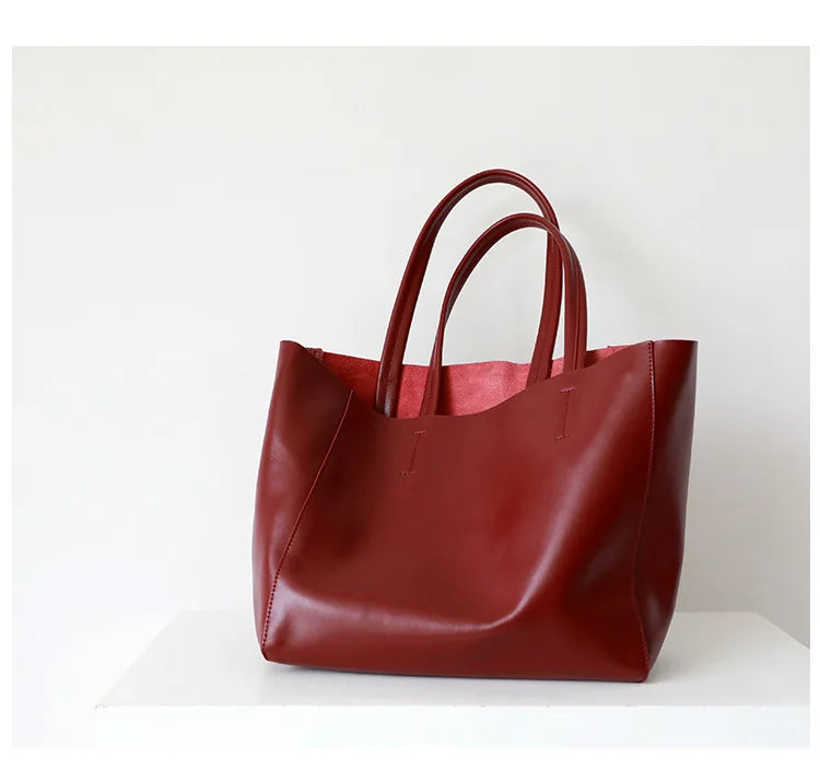 Customized Letter Genuine Leather Tote Bag – Large Capacity, Practical Commuter & Shopping Bag, Cowhide Large Bag