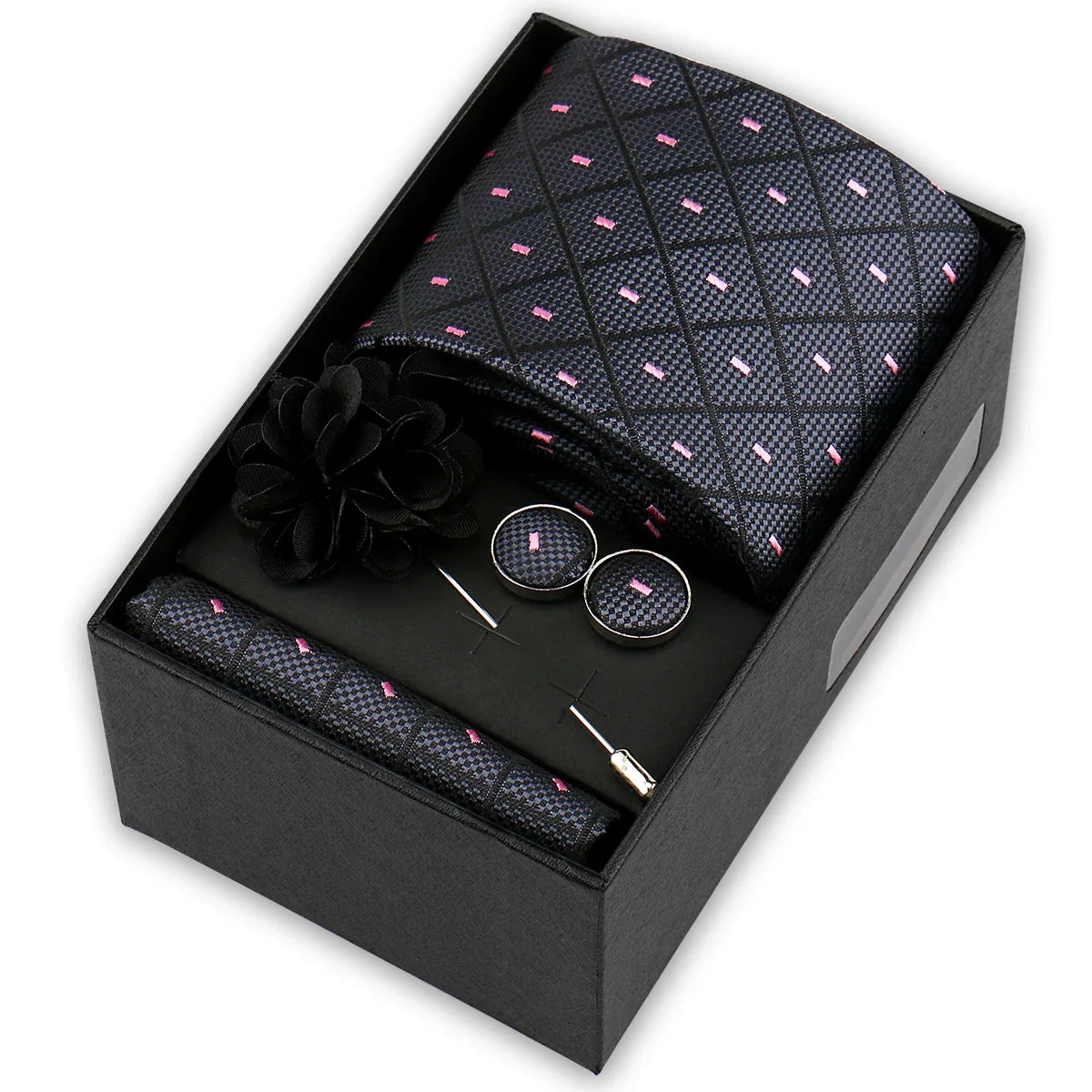 Men’s 4-Piece Tie Set Gift Box - Elegant Necktie with Handkerchief, Cufflinks & Brooch for Business, Wedding & Suit Accessories