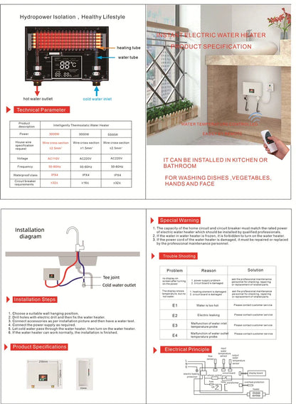 110V/220V Instant Water Heater 3000W/5500W | Wall-Mounted Electric Shower Heater for Bathroom & Kitchen Hot Water