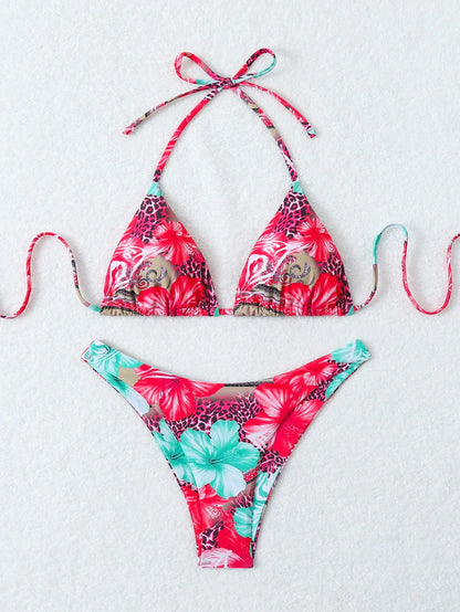 Retro Floral Print Bikini Set - Women's High Waisted Lace Up 2 Piece Summer Swimsuit Beachwear