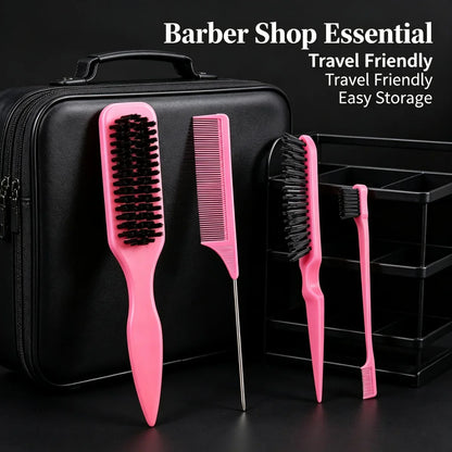 4Pc Boar Bristle Hair Brush Set - Slick Back Styling Tools for Ponytails, Buns, Baby Hair and Flyaway Control