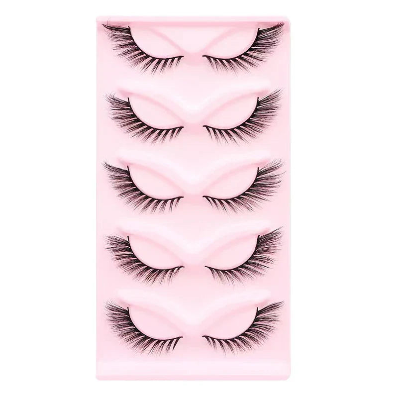 Manga Lashes 5 Pairs – Anime Cosplay Faux Mink Short Full Strip Lashes, Korean Natural Look, Clear Band Soft Eyelash Extensions