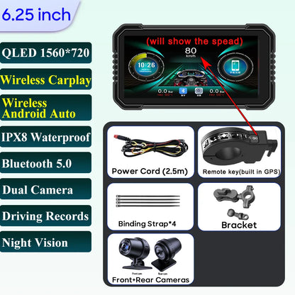 6.25-Inch Motorcycle GPS Navigation Screen with Wireless CarPlay & Android Auto – 1560x720 Resolution, Motor DVR Monitor, TPMS Optional