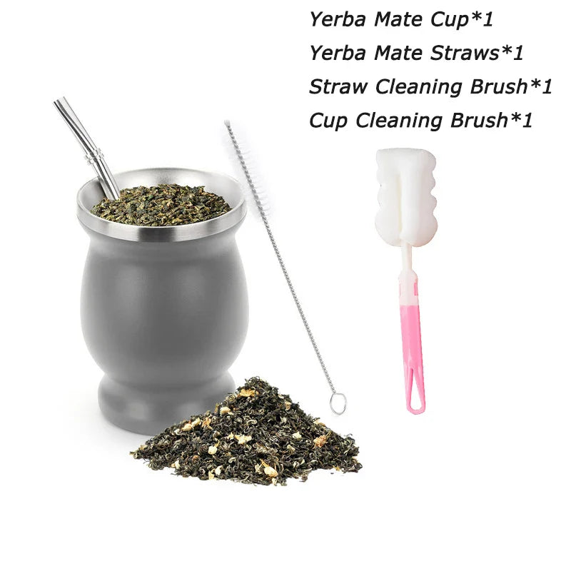 8oz 304 Stainless Steel Yerba Mate Cup Set – Double Wall Argentine Gourd with Bombilla Straw & Cleaning Brush Travel Mug