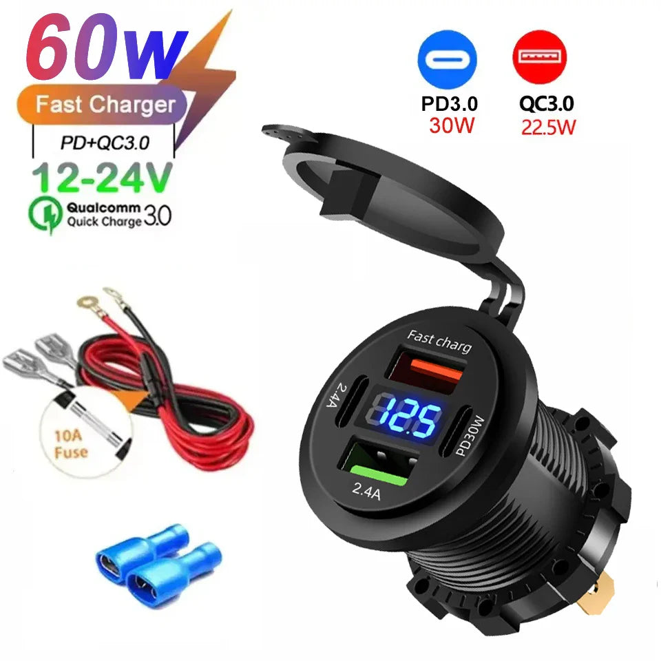 Car USB Fast Charger PD3.0 QC3.0 12/24V Socket with Voltmeter & On/Off Switch, Motorcycle Boat Auto Charging Adapter Accessory