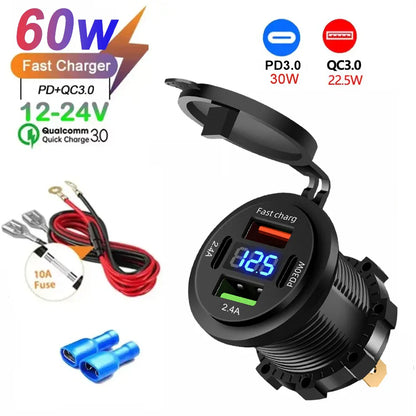 Car USB Fast Charger PD3.0 QC3.0 12/24V Socket with Voltmeter & On/Off Switch, Motorcycle Boat Auto Charging Adapter Accessory