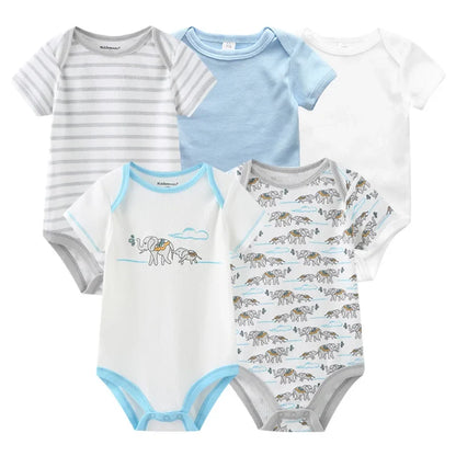 5PCS Newborn Baby Bodysuit Set - Soft Cotton Unisex Baby Clothes with Cartoon Print for Boys & Girls