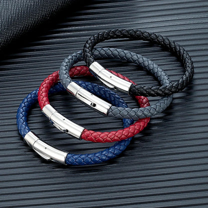 MKENDN Red Braided Leather Bracelet - 6mm Stainless Steel Button Unisex Couple Jewelry Gift Classic Simple Design