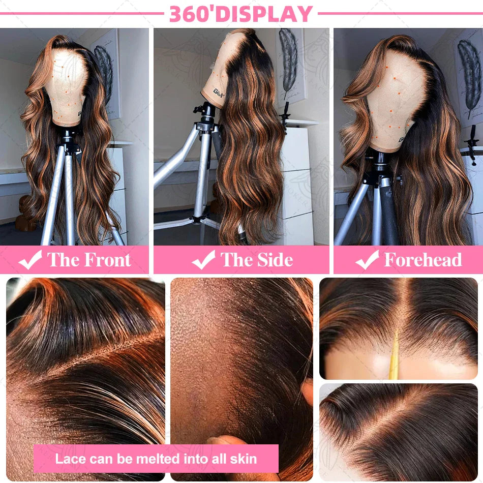 30 Inch Brazilian Body Wave Highlight Ombre Wig – 13x4 Lace Front, 1B/30 Black Brown Human Hair Wig for Women