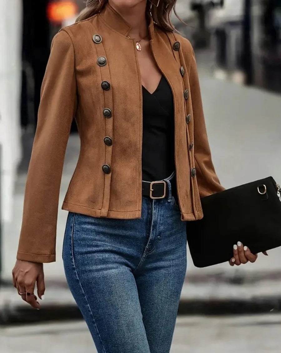 Women's Double-Breasted Blazer Coat – Stand Collar, Slim Fit, Long Sleeves Retro Jacket for Spring & Autumn