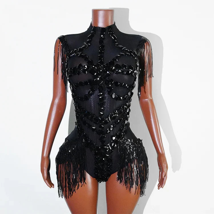 Sexy Shiny Silver Sequin & Black Spandex Jumpsuit — 2025 Women’s Prom, Dancer & Stage Performance Costume