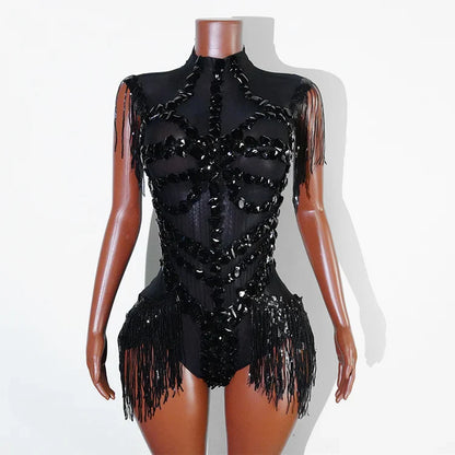 Sexy Shiny Silver Sequin & Black Spandex Jumpsuit — 2025 Women’s Prom, Dancer & Stage Performance Costume