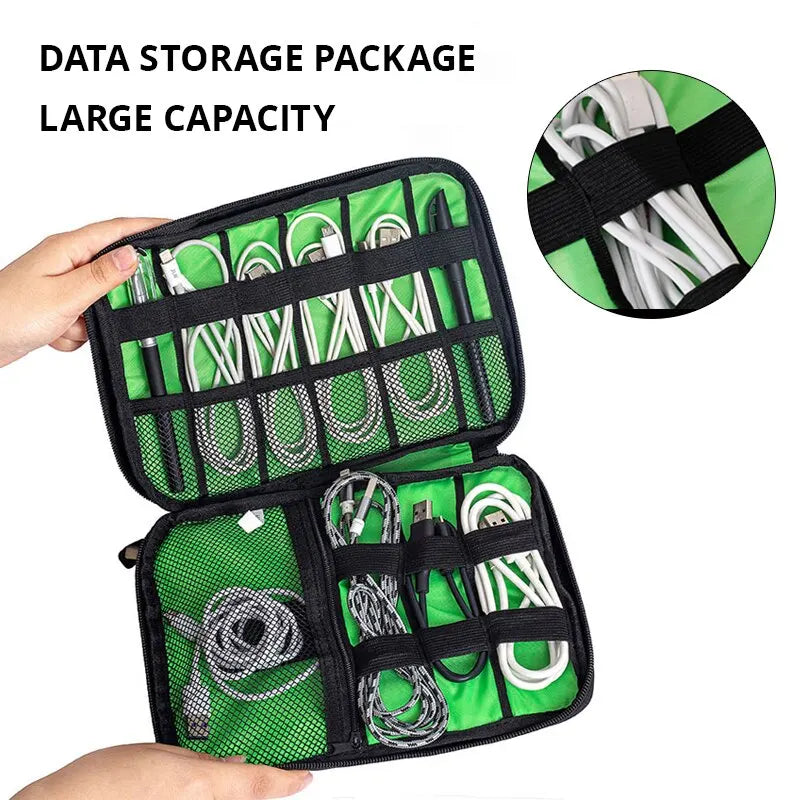 Black & Green Portable Storage Bag – Waterproof Electronic Accessory Organizer for USB Cables, Chargers & Travel