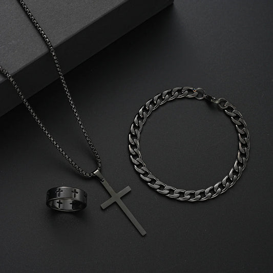 3-Piece Stainless Steel Jewelry Set – Men’s & Women’s Retro Bracelet, Necklace, Ring for Punk Hip Hop Fashion