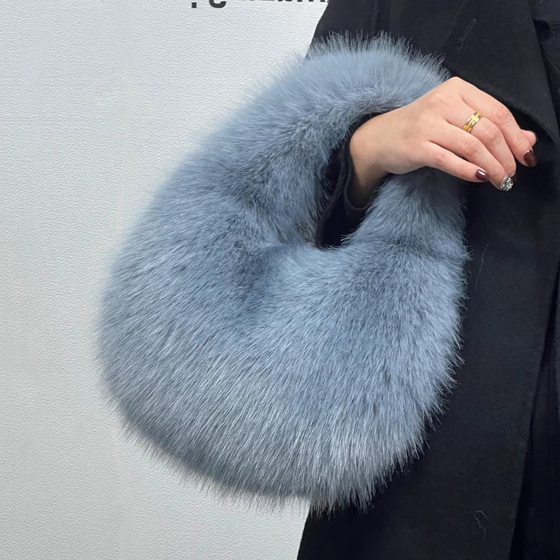 Plush Half Moon Bag - Soft Faux Fur Women's Handbag Winter Luxury Shoulder Purse