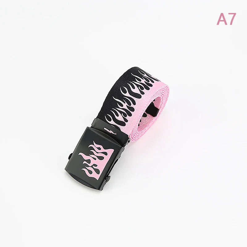 Hip Hop Fashion Canvas Belt – Personalized Flame Design, Casual & Punk Cowboy Belt for Men & Women