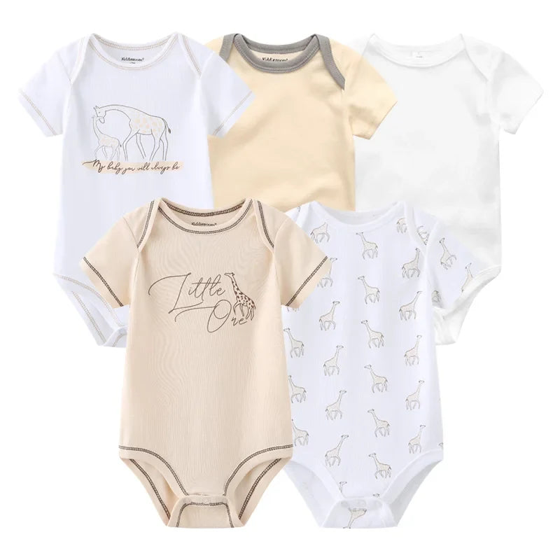 5PCS Newborn Baby Bodysuit Set - Soft Cotton Unisex Baby Clothes with Cartoon Print for Boys & Girls