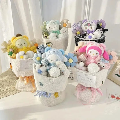 Sanrio Hello Kitty & Friends Plush Doll Bouquet – Cute Cartoon Cinnamoroll, Kuromi, My Melody Toys for Flower Girls & Kids – Perfect Holiday Gift