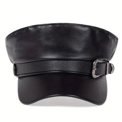 Large Buckle Leather Beret Hat - Fashion Sailor Military Cap for Women and Men