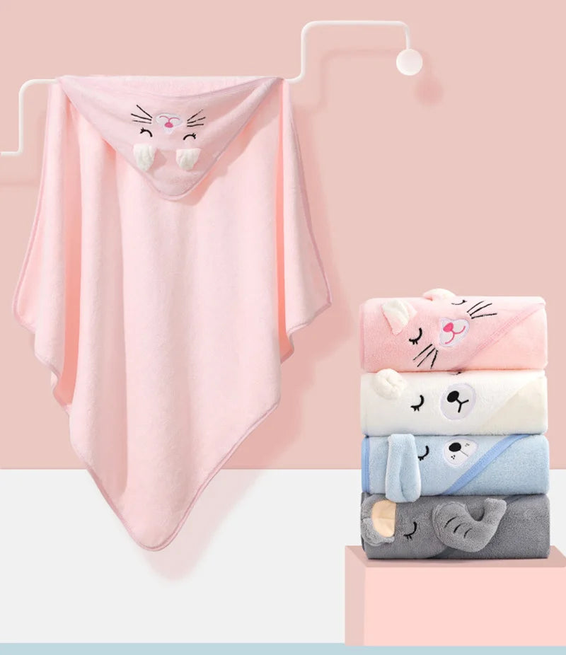 0-3 Years Unisex Baby Bathrobe – Flannel Hooded Cape, Cartoon Design, Newborn Shower Gift, Swaddling Bath Towel for Boys & Girls