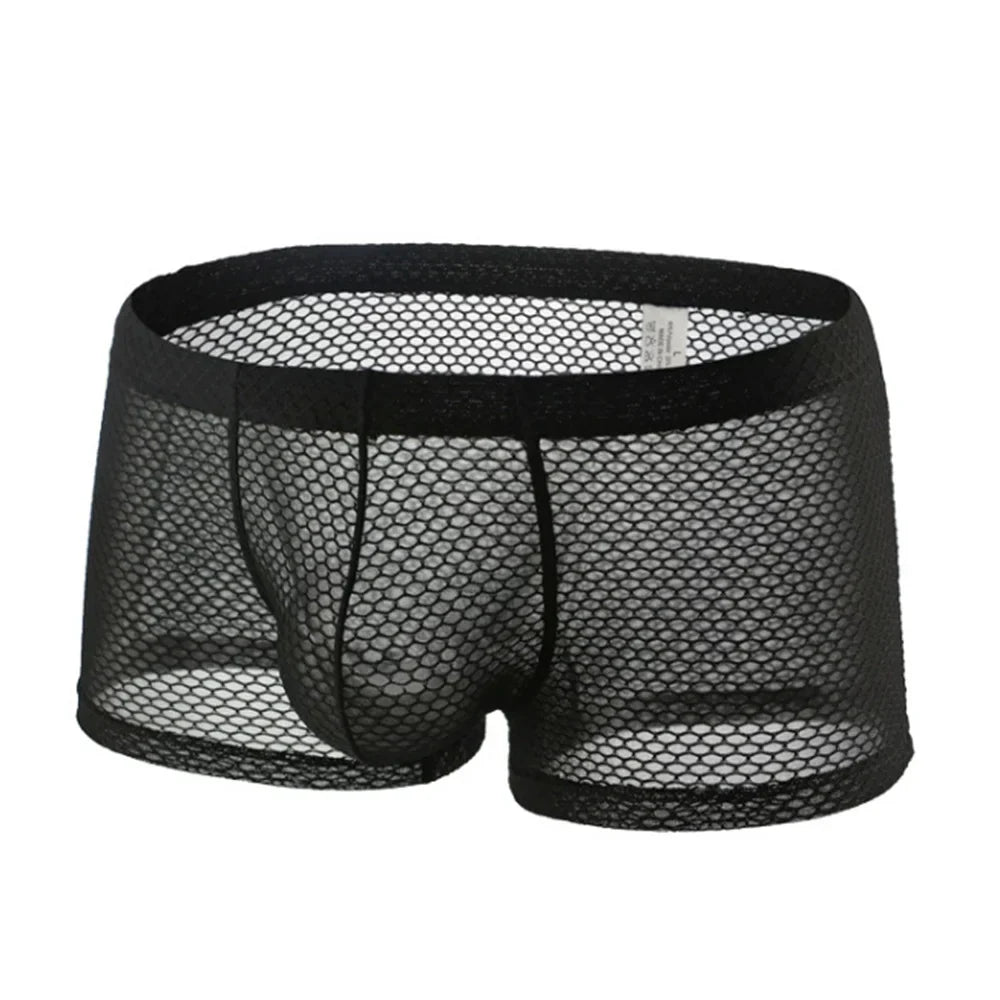 Men's Fishnet Mesh Boxer Shorts - Sexy Hollow Out Low Waist U Pouch Transparent Underwear Trunks Plus Size