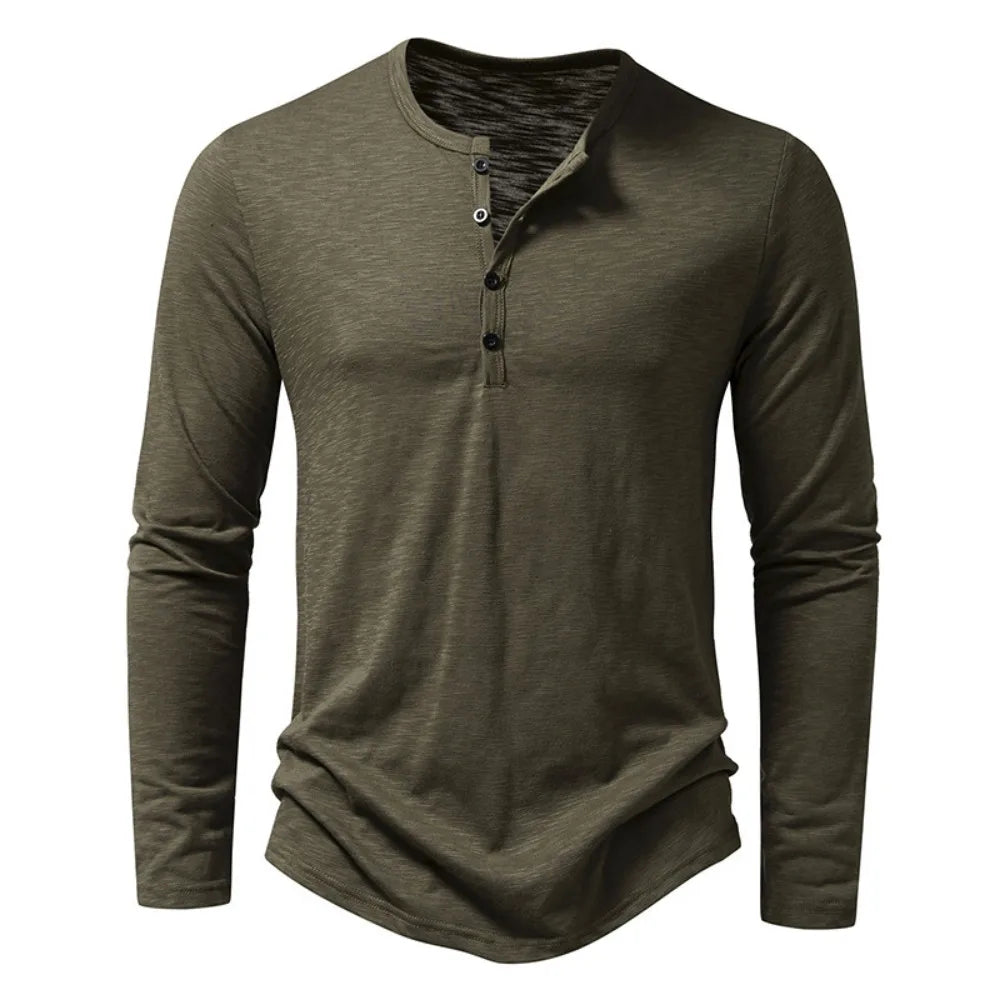 Men's Cotton Button Henley Shirt - Long Sleeve Casual Fashion T-Shirt, Solid Color