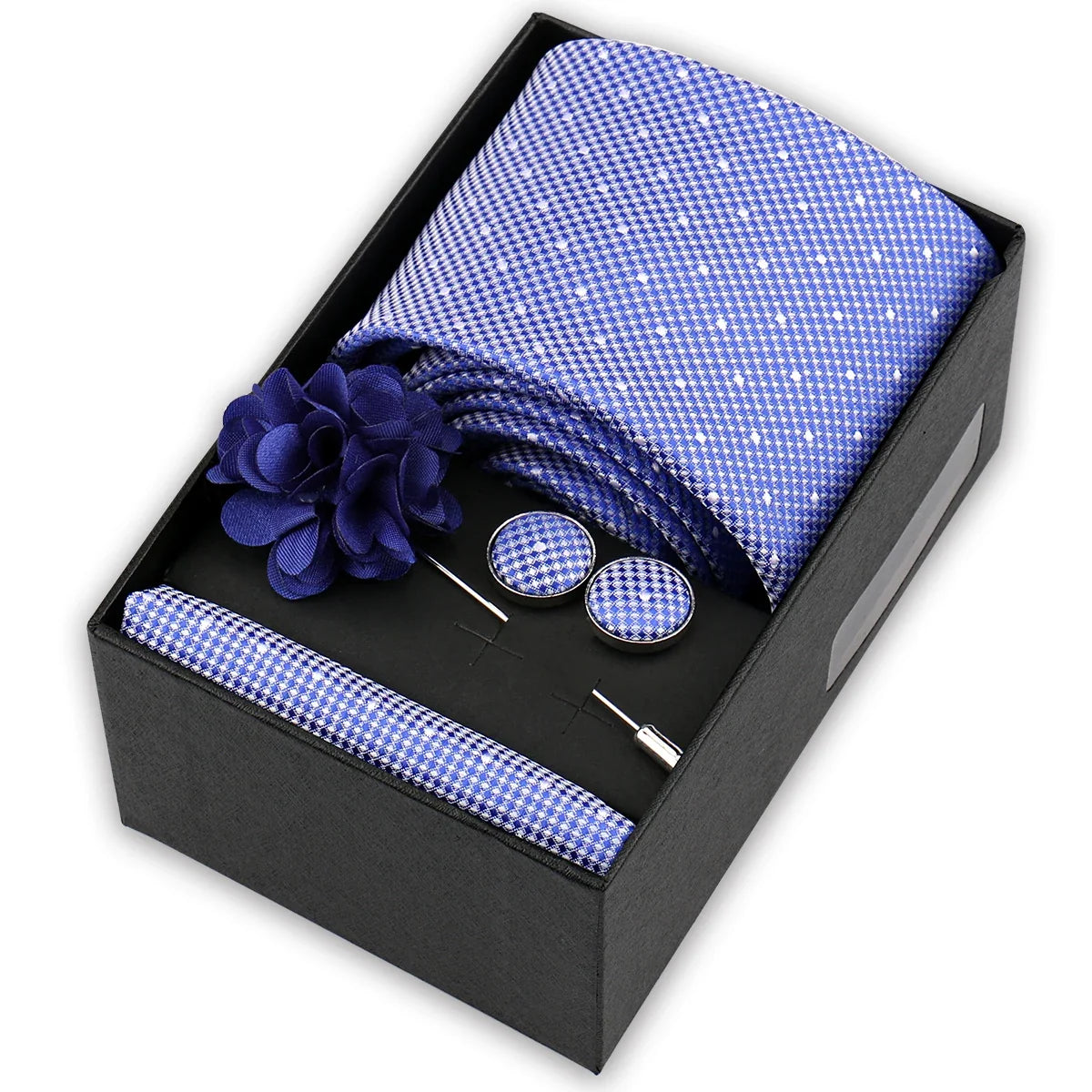 Men’s 4-Piece Tie Set Gift Box - Elegant Necktie with Handkerchief, Cufflinks & Brooch for Business, Wedding & Suit Accessories