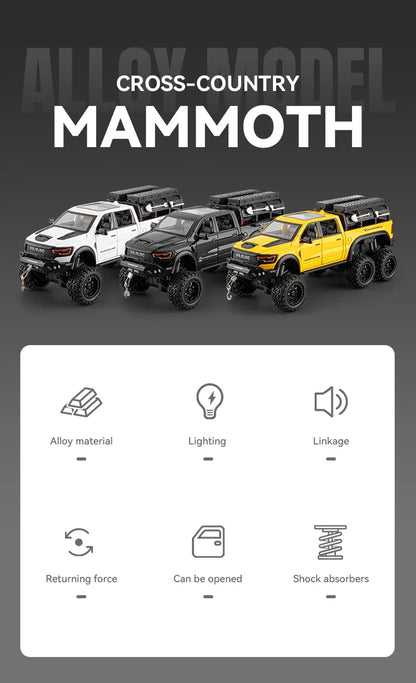 1:24 Dodge Mammoth RAM 1000 TRX 6x6 Diecast Model – Metal Alloy Pickup Toy Car with Lights for Kids & Collectors