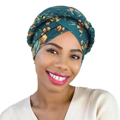 African Print Turban Headband Cap - Twisted Braid Head Wrap with Skullcap Style for Women