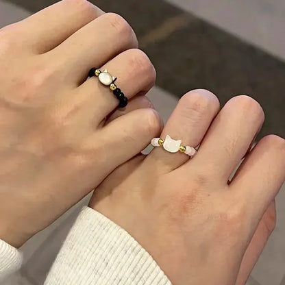 Mini Cat Moonstone Rings Set - Handmade Elastic Natural Obsidian Beaded Couple Rings for Men & Women Jewelry Gift