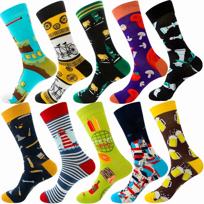 10-Pair Big Size Crew Socks Pack - 38 Style Funny Rhombus Casual Fashion Socks for Men