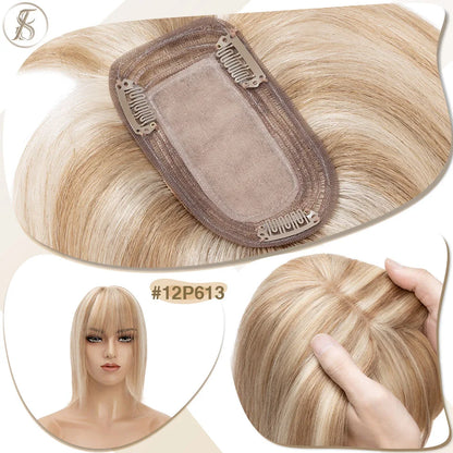 TESS Women Human Hair Topper With Bangs - 7x12.5cm Silk Base Clip In Hair Extension Natural Wigpiece