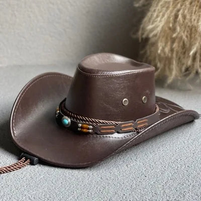 Faux Leather Western Cowboy Hat – Vintage Panama Cowgirl & Gentleman Hat for Women & Men