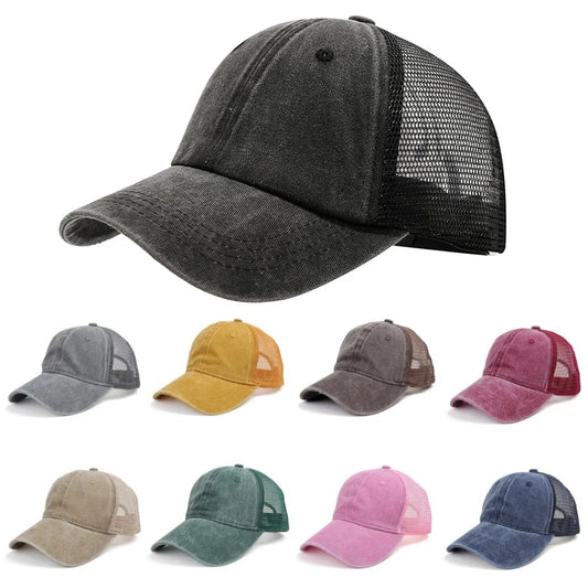 Vintage Washed Cotton Trucker Cap - Adjustable Casual Mesh Baseball Hat for Men & Women