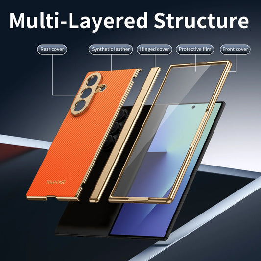 Samsung Galaxy Z Fold 4/5/6/7 Plaid Vegan Leather Case - Hinge Protection Cover with Clear Glass Protector