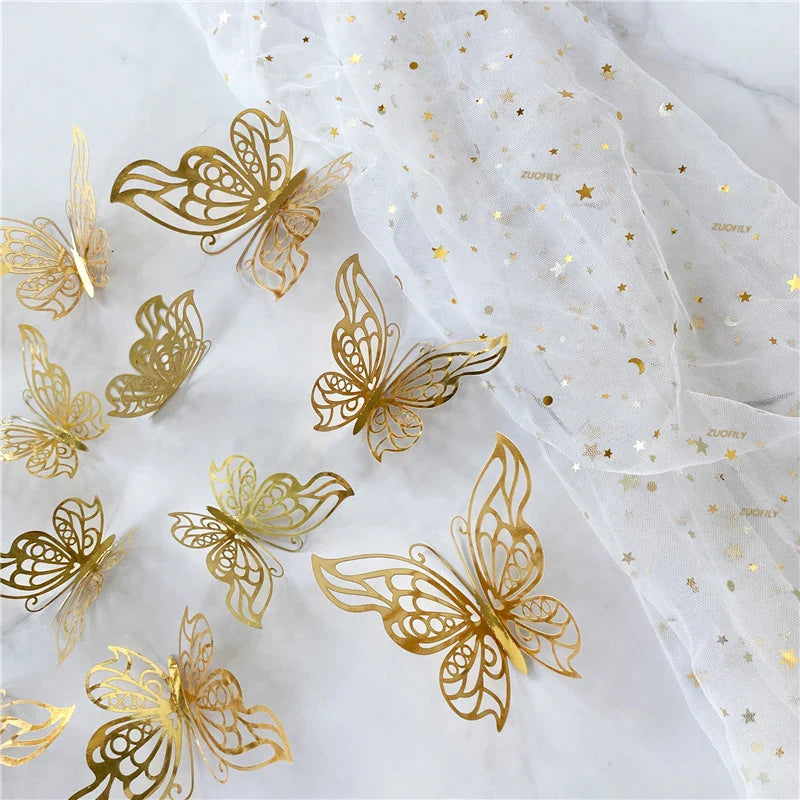 12PCS 3D Hollow Butterfly Wall Stickers – Gold, Silver & Rose Decorative Decals for Wedding, Living Room & Home Decor