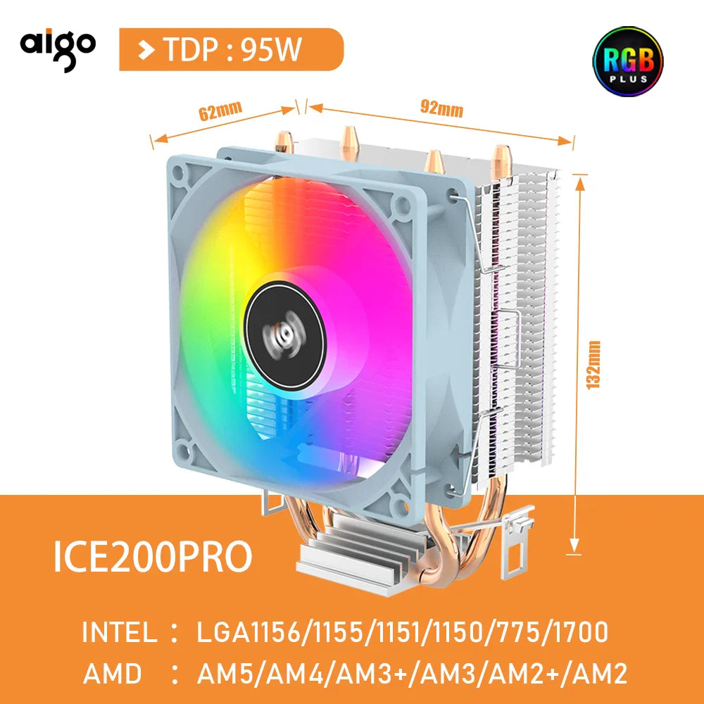 Aigo CPU Cooler — 2/4/6 Heat Pipe Radiator with 3-Pin PWM Silent RGB Fan for Intel LGA 1700/1150/1155/1156/1366 & AMD AM2/AM3/AM4