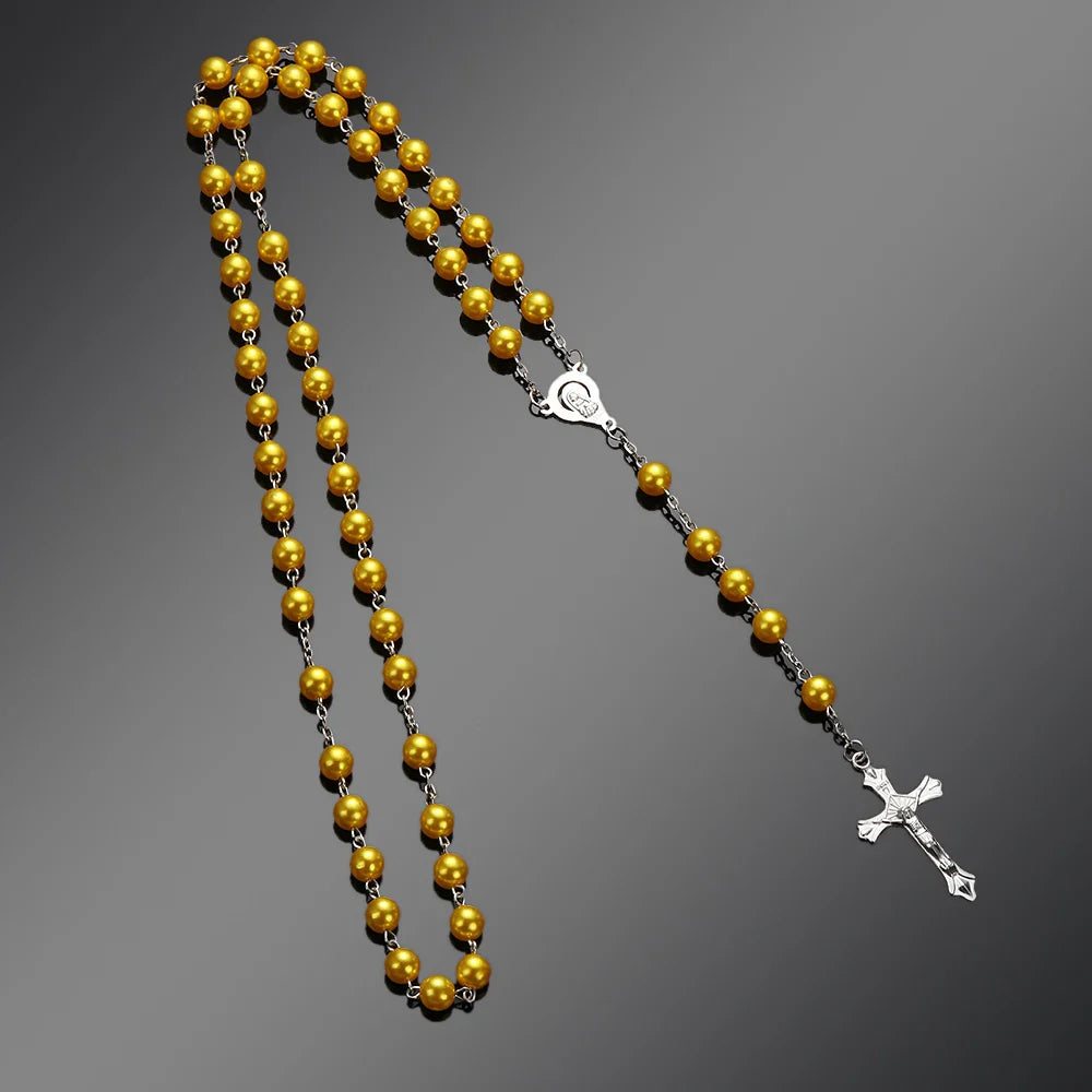 Rosary Beads Cross Necklace – Catholic Virgin Mary Pendant Chain Religious Jewelry Gift for Men & Women Prayer Charm