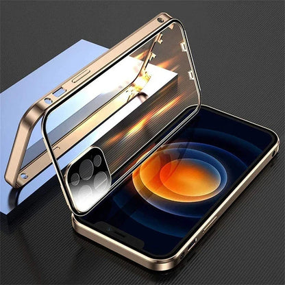 360° Full Protection Magnetic Metal Phone Case - Double Sided Glass Snap Lock Bumper Cover for iPhone 16 Pro Max 15 14 13 12 11 Pro Max