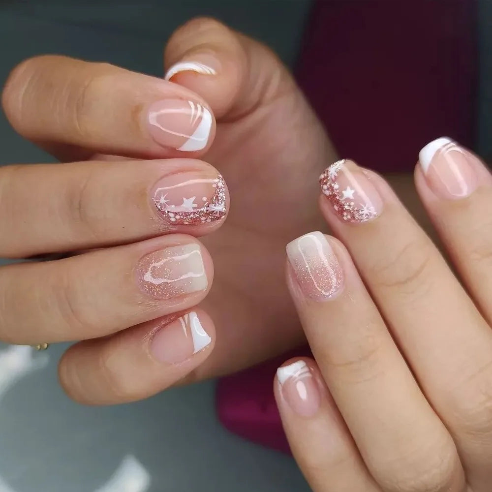 24PCS Short Press On Nails - Shimmer Ballet French Full Cover Artificial Nail Tips for Daily Manicure Style