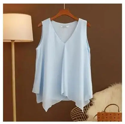 Women's Chiffon V Neck Blouse - Loose Sleeveless Plus Size Fashion Top M-5XL