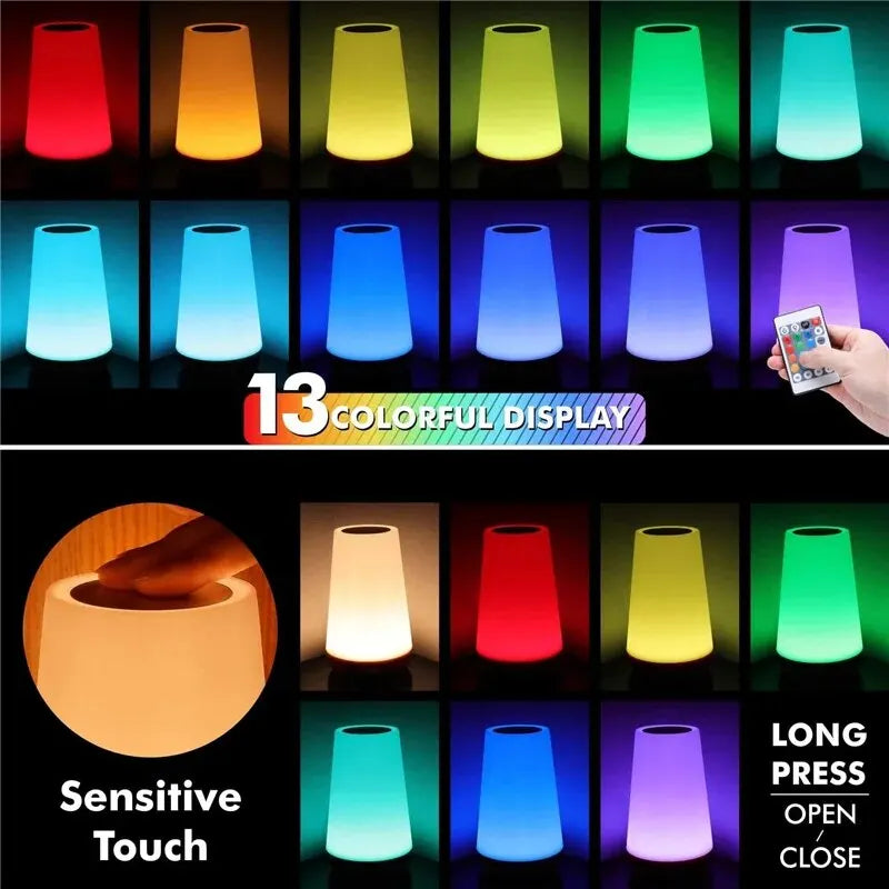 13 Color Changing Night Light - RGB Touch Control USB Rechargeable Dimmable Bedside Table Lamp
