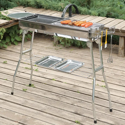 Portable Stainless Steel Charcoal Grill - Large Folding BBQ Cooker with Handle for Outdoor Camping & Barbecue