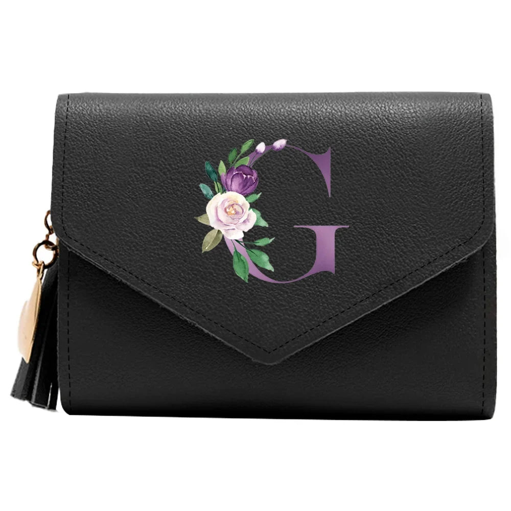 Women's RFID Leather Wallet - Compact Luxury Mini Purse With ID Window, Purple Letter Pattern & Card Holder Design