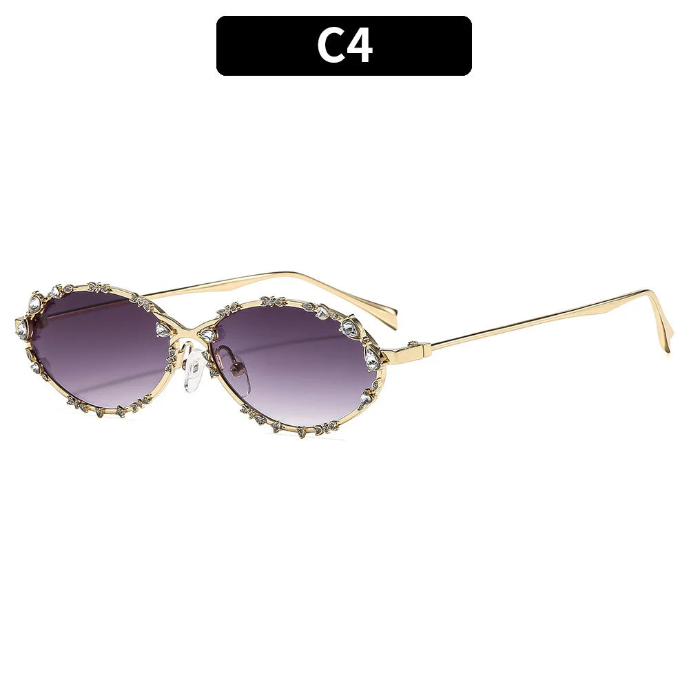 Luxury Diamond Oval Sunglasses - Rhinestone Metal Frame Fashion Eyewear for Men and Women Driving Style