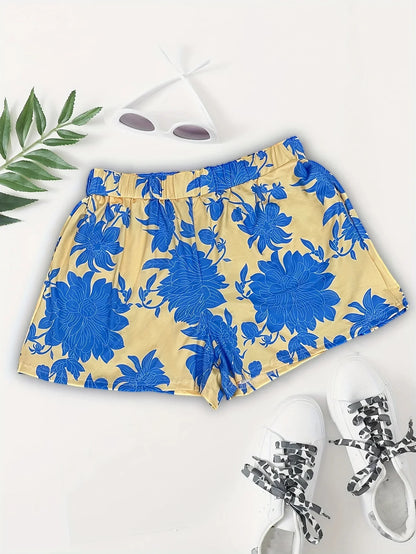 Women's Plus Size Floral Two Piece Set - Sleeveless V-Neck Top with Casual Summer Shorts