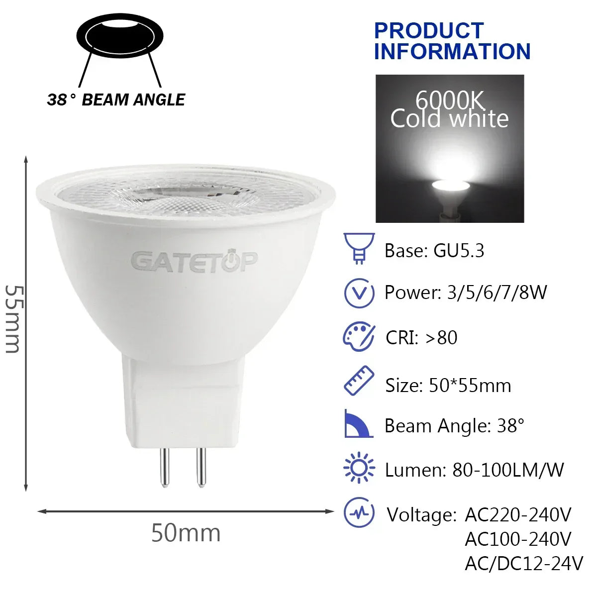 10PCS MR16 GU5.3 LED Bulb – Full Voltage AC/DC 12V–220V Spotlight, Flicker-Free White Light for Home, Study & Indoor Lighting